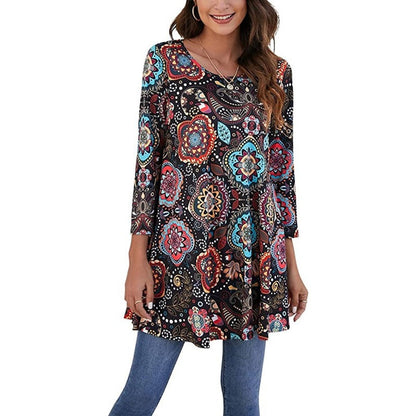 Effortless Medallion Print Tunic Top for Women with Round Neck Three Quarter Sleeve Flowy Swing Boho Style