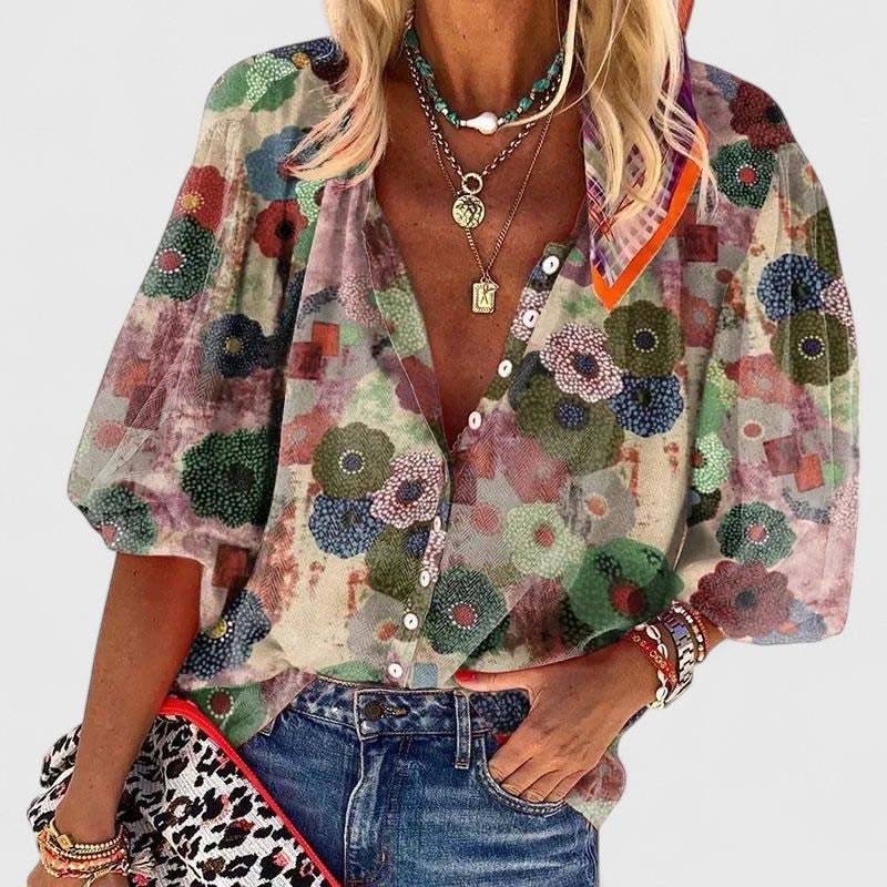 Effortless Green Floral Blouse for Women with V Neck Half Sleeve Button Front Relaxed Boho Style