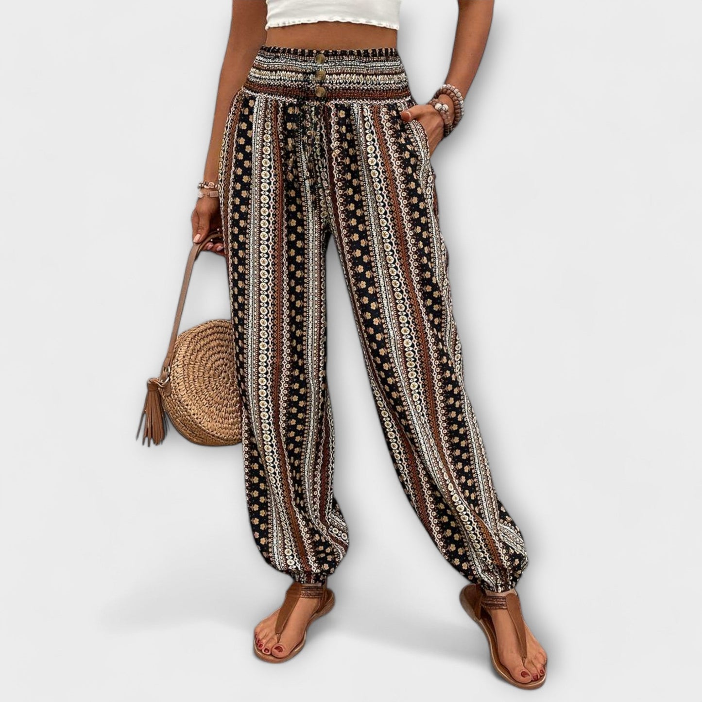 Effortless Tribal Print Harem Pants for Women with High Waist Button Front Tapered Ankle Bohemian Style