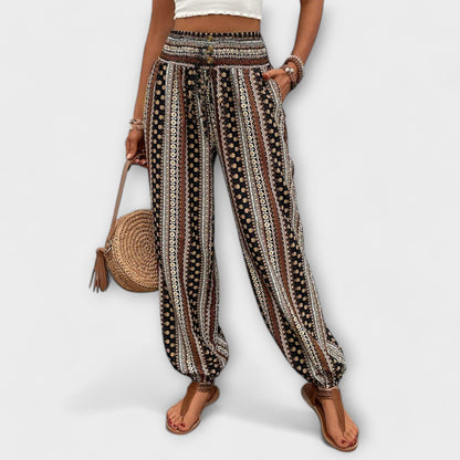 Effortless Tribal Print Harem Pants for Women with High Waist Button Front Tapered Ankle Bohemian Style