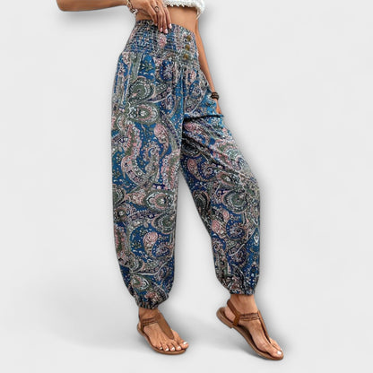 Effortless Tribal Print Harem Pants for Women with High Waist Button Front Tapered Ankle Bohemian Style
