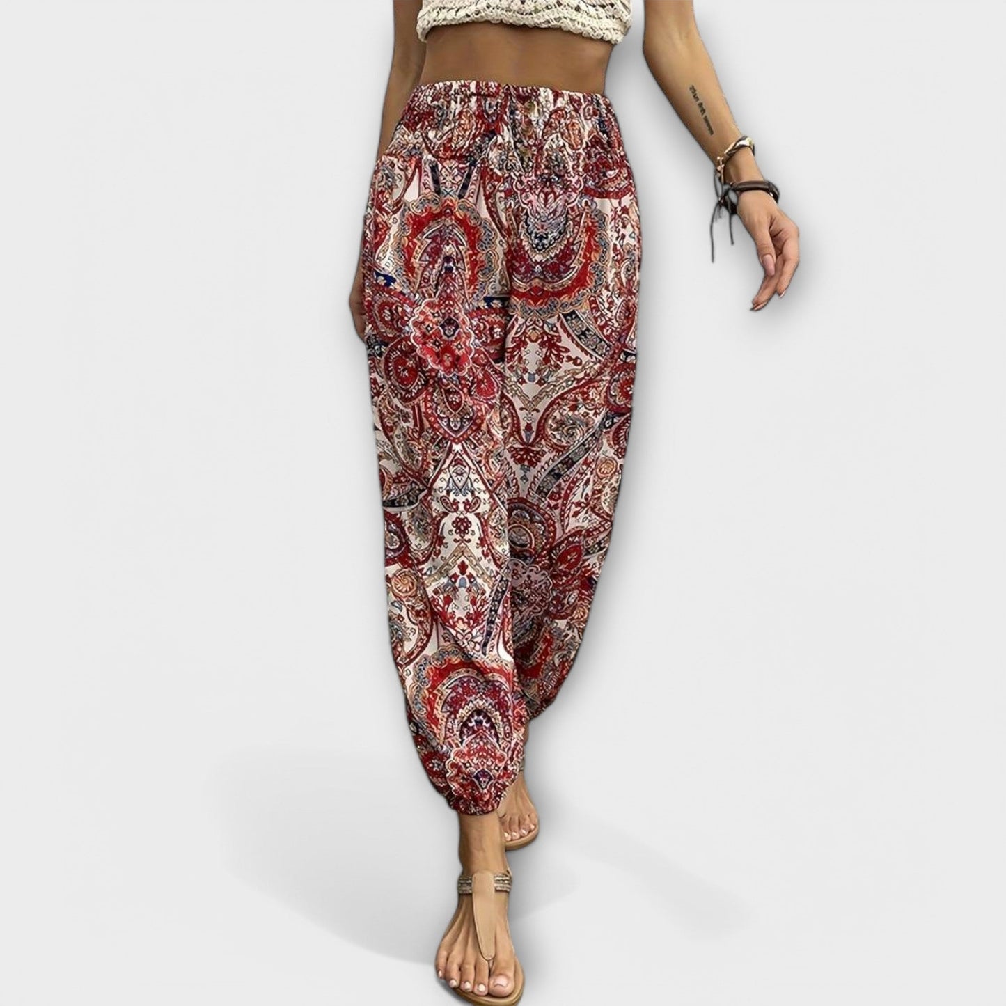 Effortless Tribal Print Harem Pants for Women with High Waist Button Front Tapered Ankle Bohemian Style