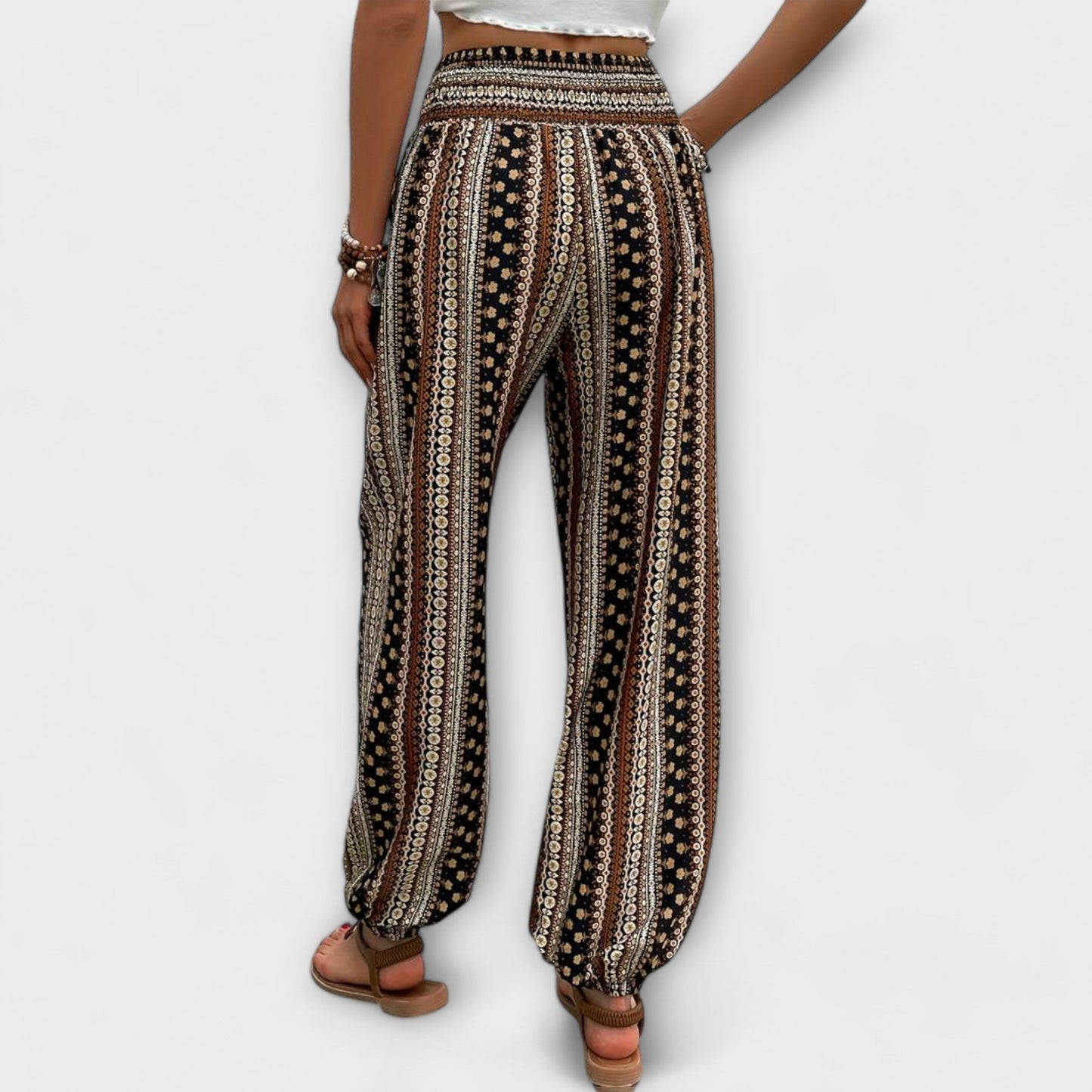 Effortless Tribal Print Harem Pants for Women with High Waist Button Front Tapered Ankle Bohemian Style