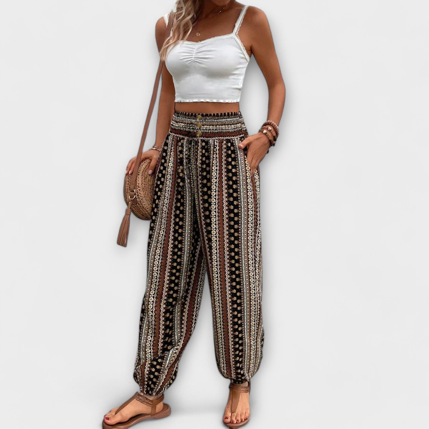 Effortless Tribal Print Harem Pants for Women with High Waist Button Front Tapered Ankle Bohemian Style