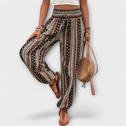 Effortless Tribal Print Harem Pants for Women with High Waist Button Front Tapered Ankle Bohemian Style