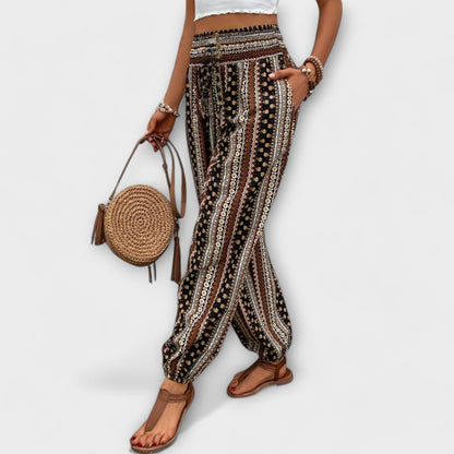 Effortless Tribal Print Harem Pants for Women with High Waist Button Front Tapered Ankle Bohemian Style