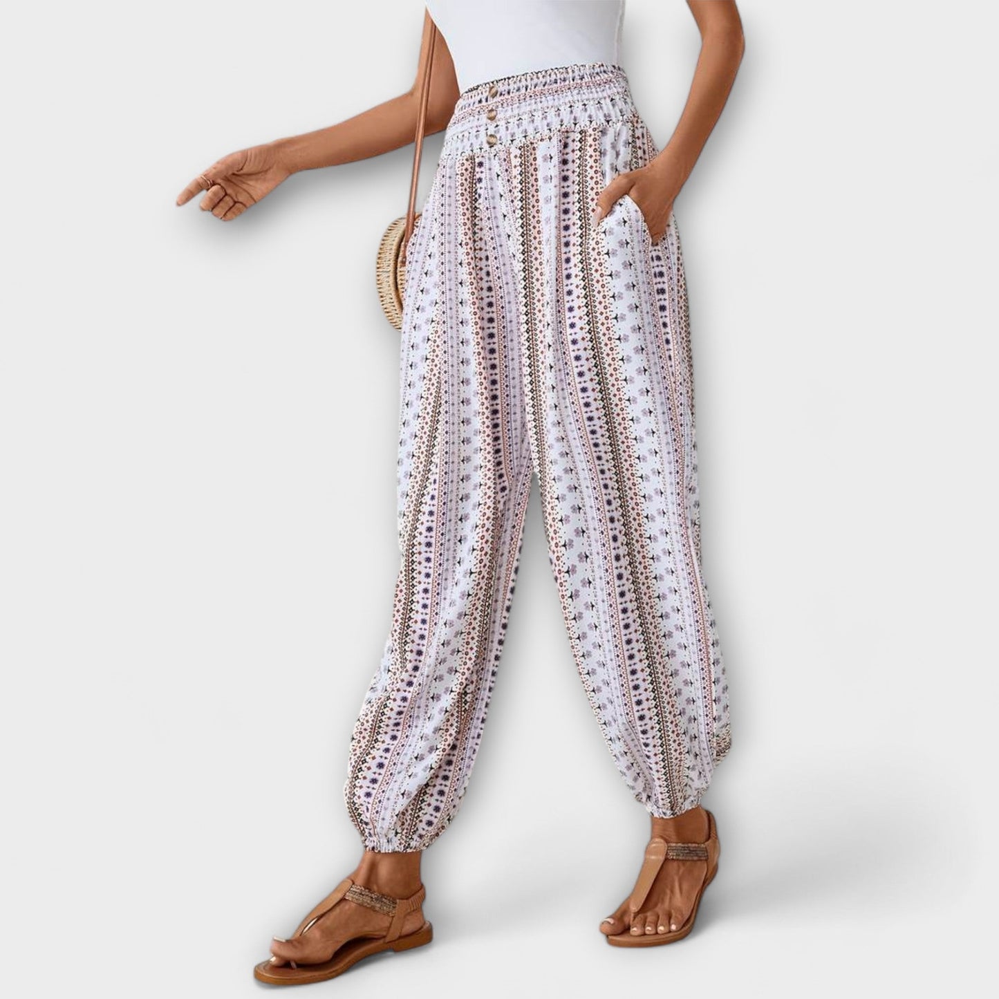 Effortless Tribal Print Harem Pants for Women with High Waist Button Front Tapered Ankle Bohemian Style