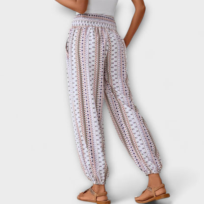 Effortless Tribal Print Harem Pants for Women with High Waist Button Front Tapered Ankle Bohemian Style