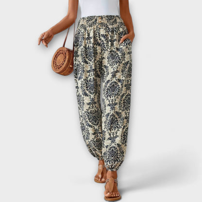 Effortless Tribal Print Harem Pants for Women with High Waist Button Front Tapered Ankle Bohemian Style