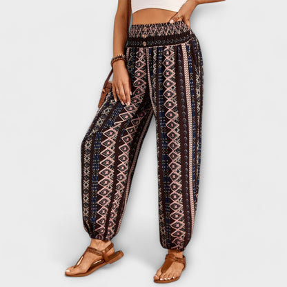 Effortless Tribal Print Harem Pants for Women with High Waist Button Front Tapered Ankle Bohemian Style