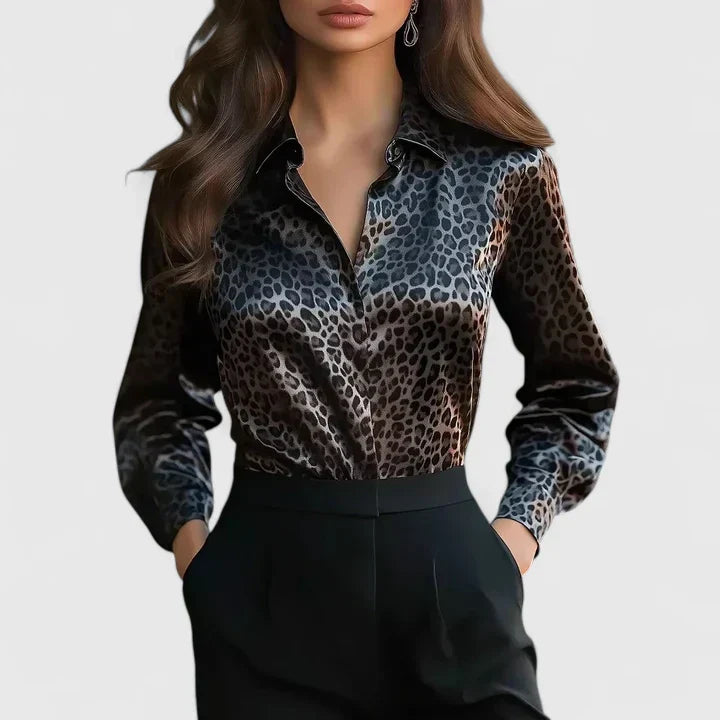 Elegant Satin Blouse for Women with Collar Long Sleeve Animal Print Silky Style