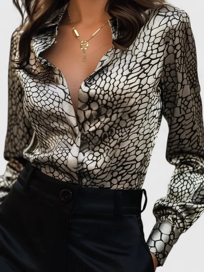 Elegant Satin Blouse for Women with Collar Long Sleeve Animal Print Silky Style
