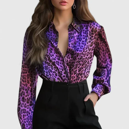 Elegant Satin Blouse for Women with Collar Long Sleeve Animal Print Silky Style